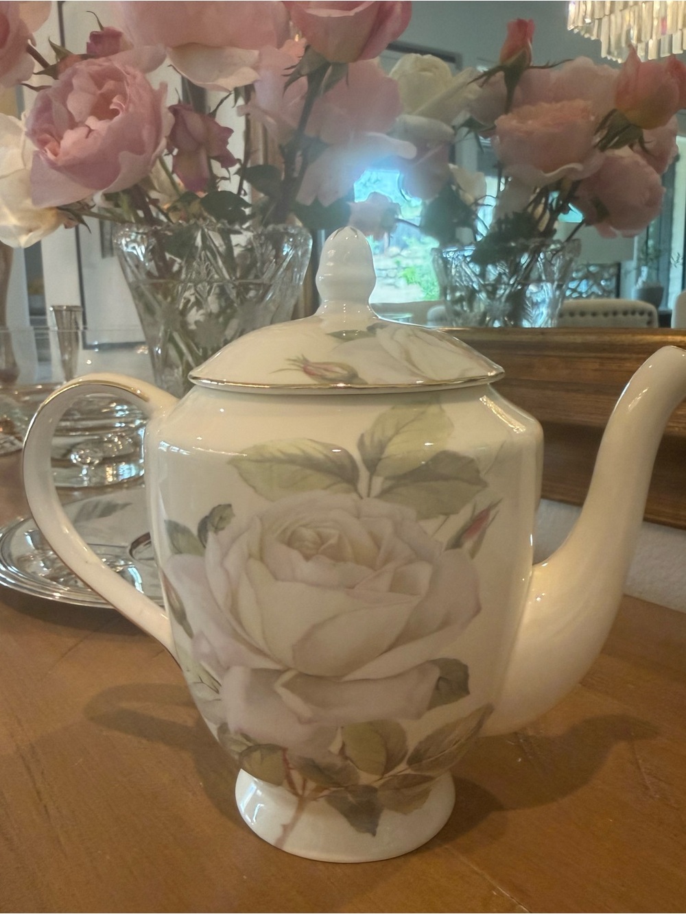 White Rose Teapot Gold Trim Fine China Cottagecore Floral Tea Pot